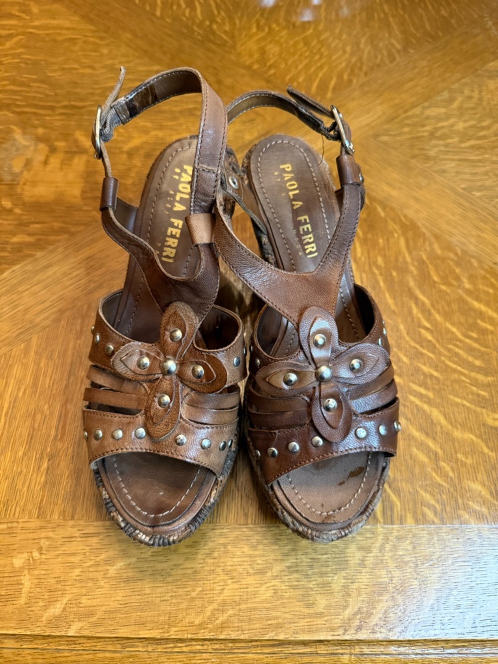 Paola Ferri Brown Leather Floral Stud Wedge Sandals